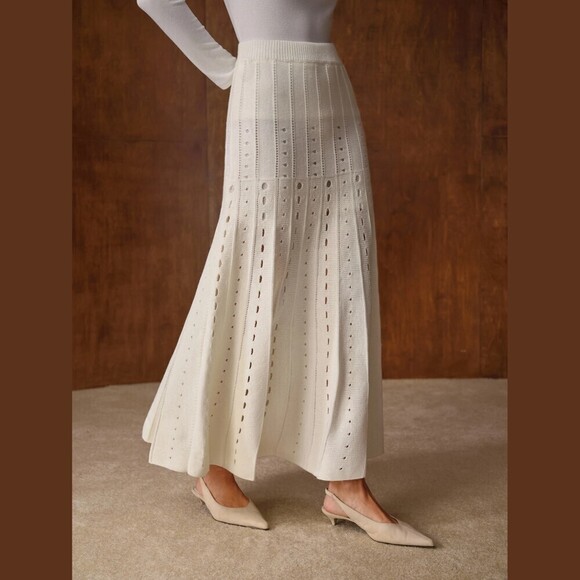 Dresses & Skirts - Cream Pointelle Knit Flared A-Line Maxi Skirt with Eyelet Stripes